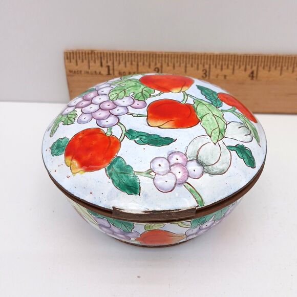 Vintage Hand Painted Round Porcelain Trinket Jewelry Box Copper Tone Hinged Lid - Picture 7 of 8